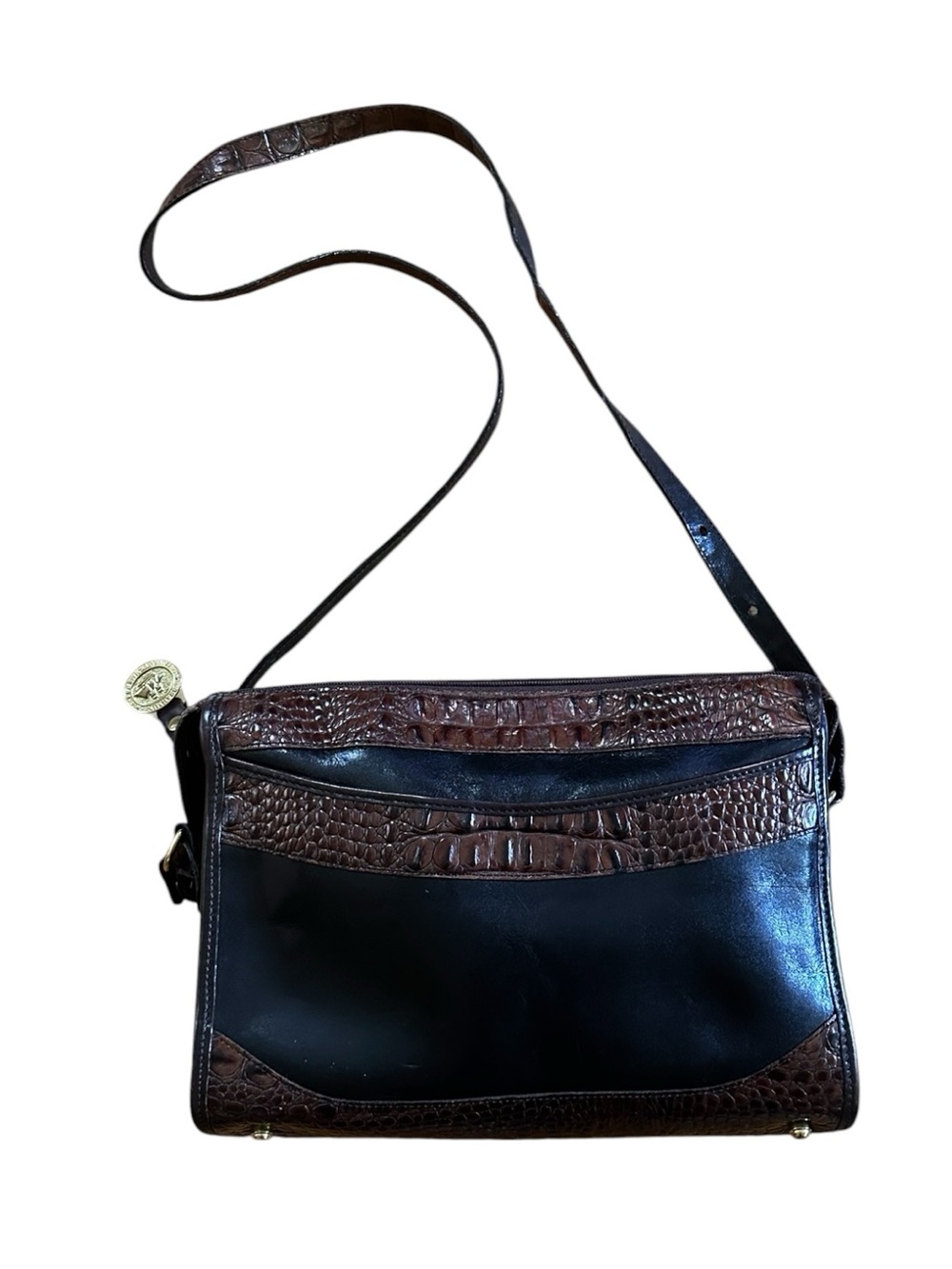 Vintage Brahmin Handbag Shoulder Bag Black Leather Pecan Croc Embossed Accents